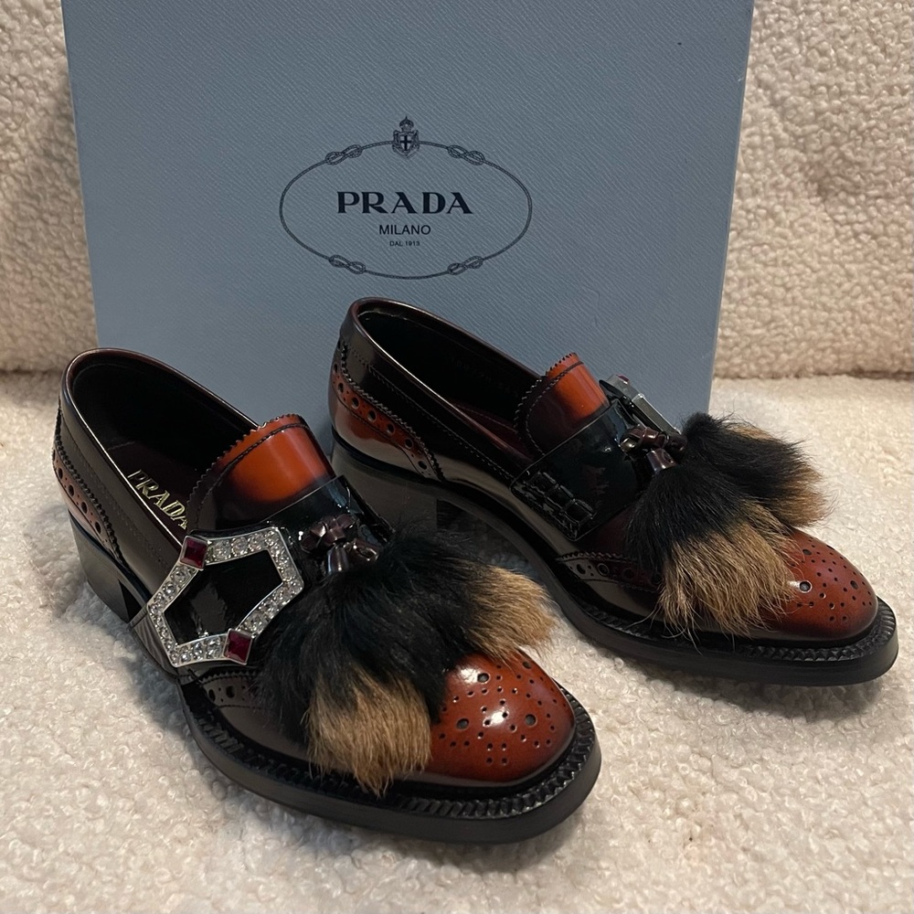 NEW Prada Goat Fur Brown Black Leather Loafer with gem buckle EU 36.5 US 6.5